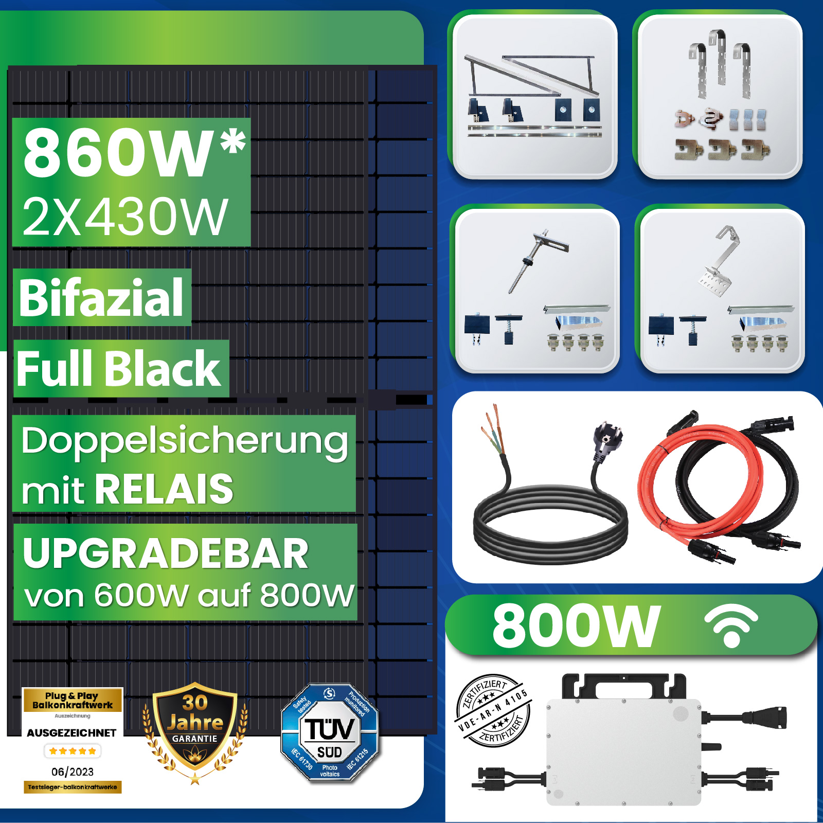 860W Balkonkraftwerk Komplettset mit 430W Bifaziale Solarpanele, 800W  Wechselrichter und Montagepaket